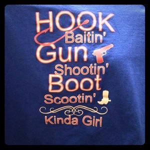 NWOT blue printed tee saying on back